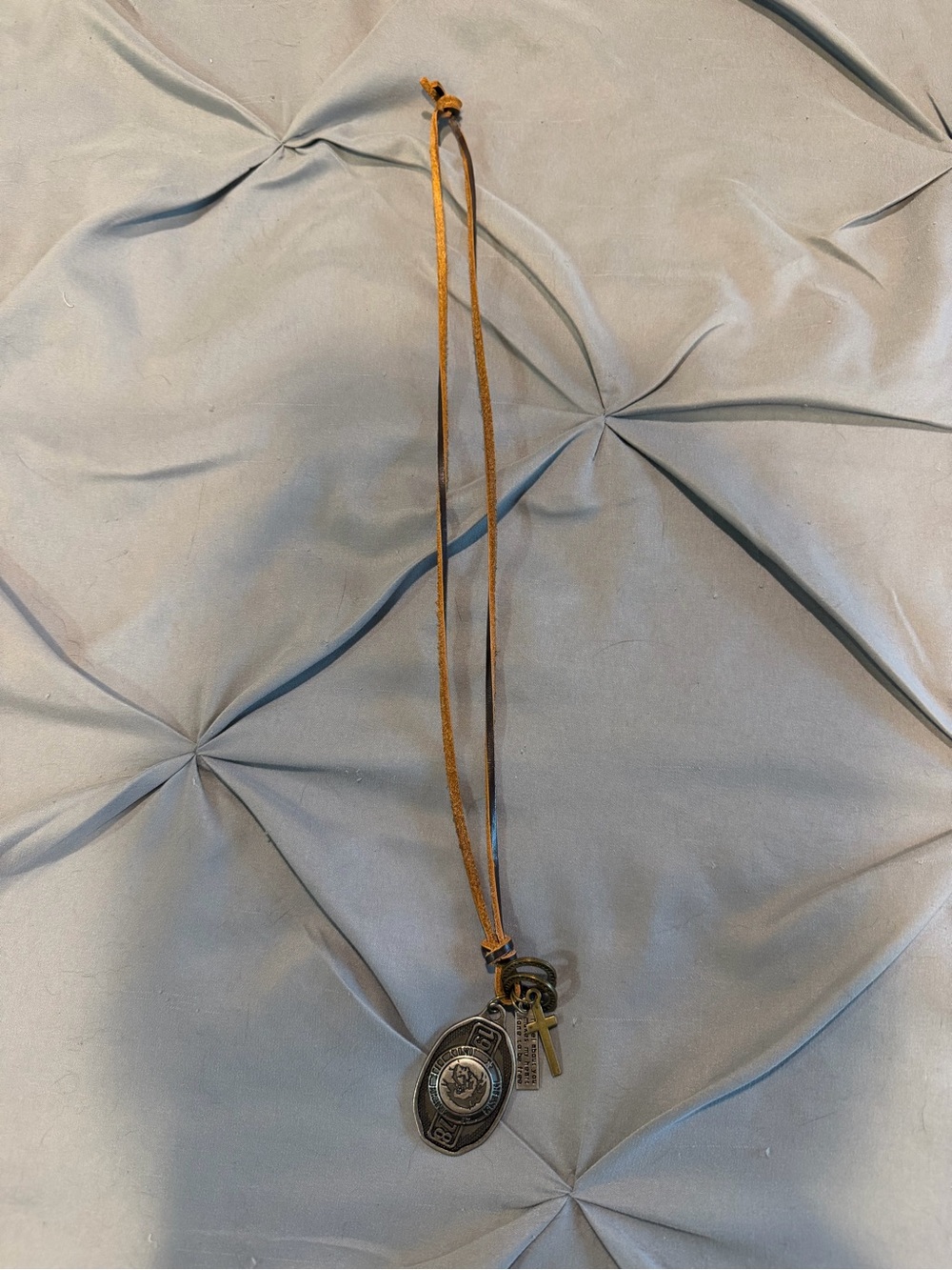 Leather Cord Necklace with Metal Shield & Cross Charms - Brown